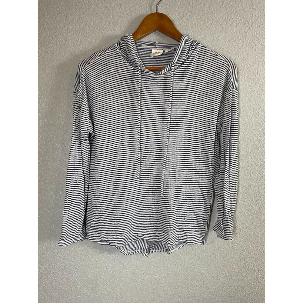 C&C Women's Size S Striped Blue White Linen Knit Hooded Roll Tab Sleeve Light